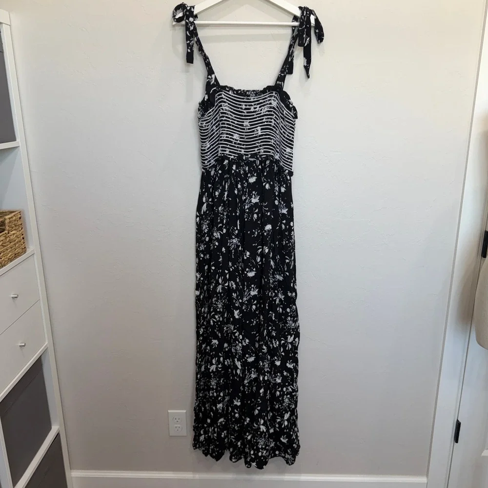 Free People M Black Floral Color My World Wide Leg Jumpsuit Anthropologie Boho